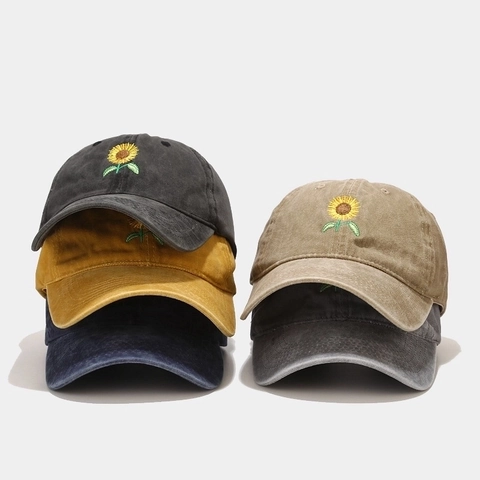 Vintage Washed Cotton Baseball Cap Sunflower Embroidered Adjustable Dad Hat For Men Women Sun Protection Outdoor Travel Hat