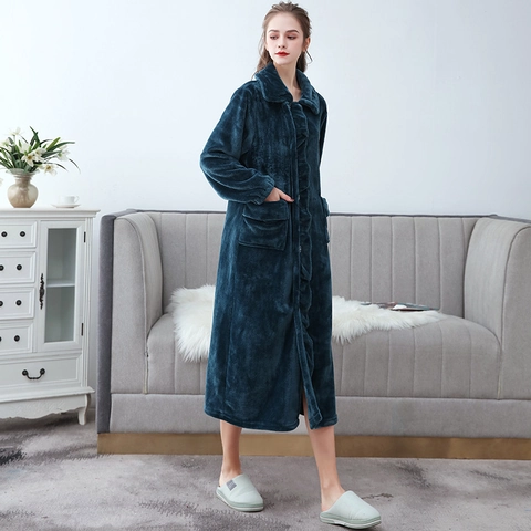 Women Long Flannel Bathrobe Thick Coral Fleece Nightgown Lapel Ruffle Trim Warm Sleepwear With Pockets For Winter Home