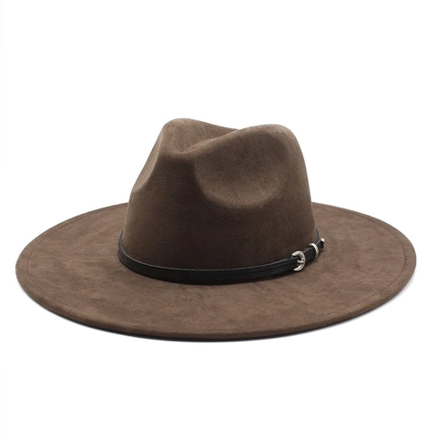 Wide Brim Fedora Hat Suede Polyester Felt With Leather Band Metal Buckle Retro Jazz Cowboy Style Unisex Cap