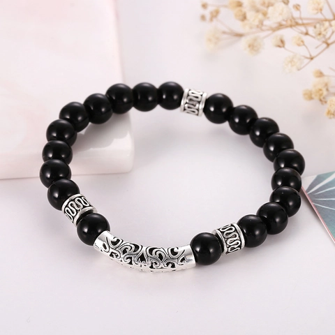 Obsidian Beaded Bracelet With Vintage Alloy Hollow Tube Ethnic Elastic Jewelry For Men