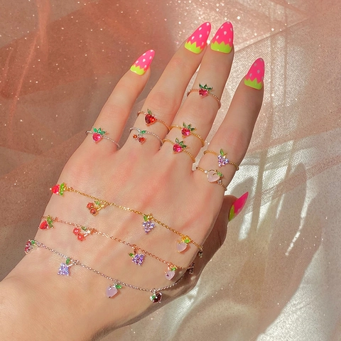 Bagues Fruits en Cuivre et Zirconia Style Occidental Cerise Pêche Fraise Ananas Or Bagues Ouvertes Bijoux de Mode Femmes