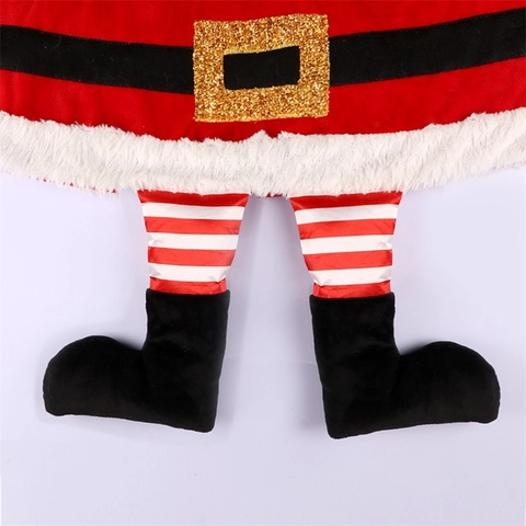 Christmas Tree Skirt Collar Santa Claus Legs Elf Feet Striped Socks Black Boots Plush Red Fabric Base Decoration