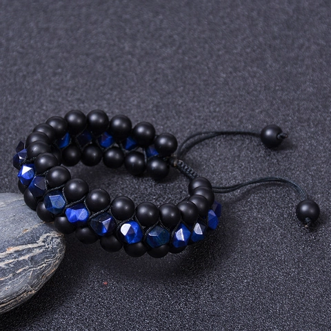 Natural Blue Tiger Eye And Black Matte Onyx Beaded Bracelet Multi Layer Adjustable Woven Rope For Men Unisex