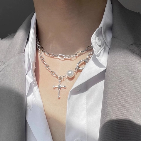Collana A Doppio Strato Acciaio Al Titanio Lega Ciondolo A Croce Con Strass Perla Artificial Sintetica Stile Hip Hop Per Uomo Donna