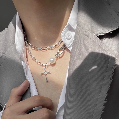 Collana A Doppio Strato Acciaio Al Titanio Lega Ciondolo A Croce Con Strass Perla Artificial Sintetica Stile Hip Hop Per Uomo Donna