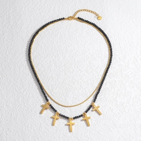 Layered Pendant Necklace Stainless Steel Black Beads Gold Snake Chain Vintage Leaf Cross Jewelry Women