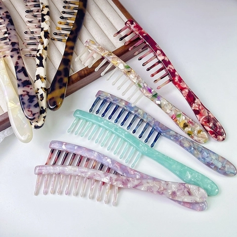 Wide Tooth Hair Comb Retro Acetate Marble Tortoiseshell Pattern Long Handle Detangling Massage Brush For Curly Hair Women