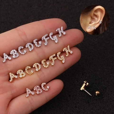 Clou D'oreille Cartilage Lettres Initiales Acier Inoxydable Vis Boule Arrière Zircon Micro Pavé Piercing Pour Femme