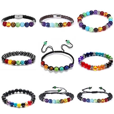Bracelet Cordon Tressé Pierre Naturelle 7 Chakra Pierre De Lave Reiki Énergie Ajustable Bijoux Fait Main Unisexe