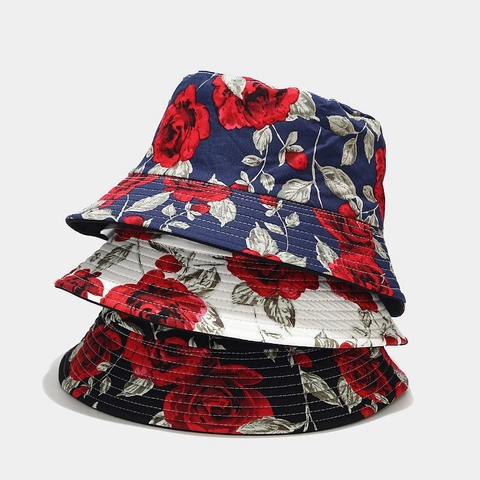 Cappello Alla Pescatora Con Motivo Rose Donna Reversibile Tela Di Cotone Protezione Solare Casual Estate
