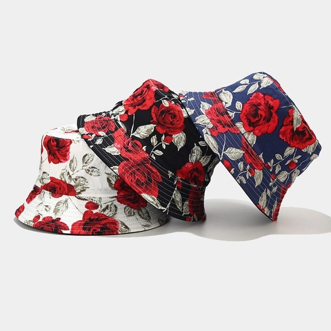 Cappello Alla Pescatora Con Motivo Rose Donna Reversibile Tela Di Cotone Protezione Solare Casual Estate