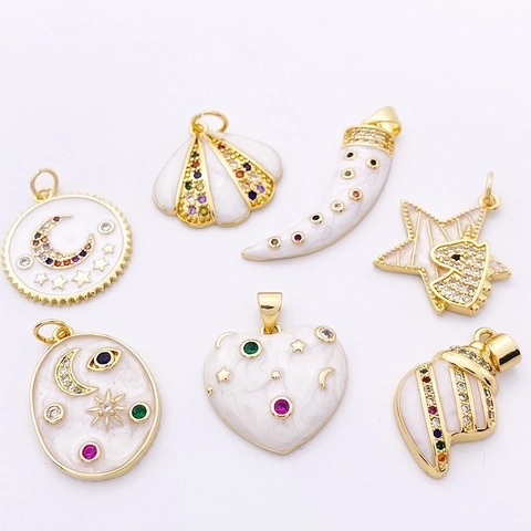 Breloques Pendentifs En Cuivre Cœur Lune Étoile Coquillage Licorne Avec Zircon Coloré Émail Blanc Pour Création Bijoux DIY