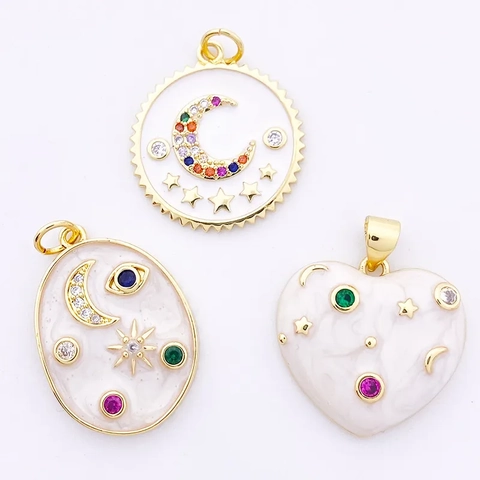 Breloques Pendentifs En Cuivre Cœur Lune Étoile Coquillage Licorne Avec Zircon Coloré Émail Blanc Pour Création Bijoux DIY
