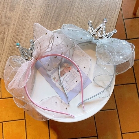 Girls Headband With Mesh Bow And Rhinestone Crown Princess Style Hair Accessory Star Pattern For Kids Soft Comfortable