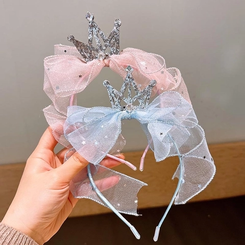 Girls Headband With Mesh Bow And Rhinestone Crown Princess Style Hair Accessory Star Pattern For Kids Soft Comfortable