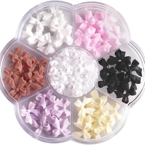 3D Bows And Faux Artificial Pearls Nail Art Charms Mixed Colors Resin Flowers DIY Manicure Decorations In Storage Box