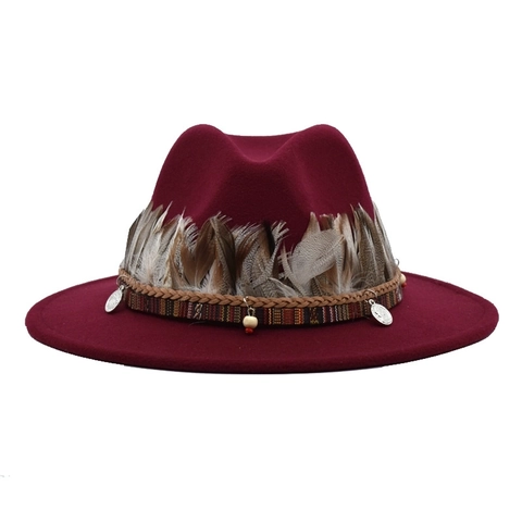 Ethnic Bohemian Wide Brim Fedora Hat Feather Decoration Braided Band Cotton Polyester Blend Woolen Felt Jazz Hat For Unisex
