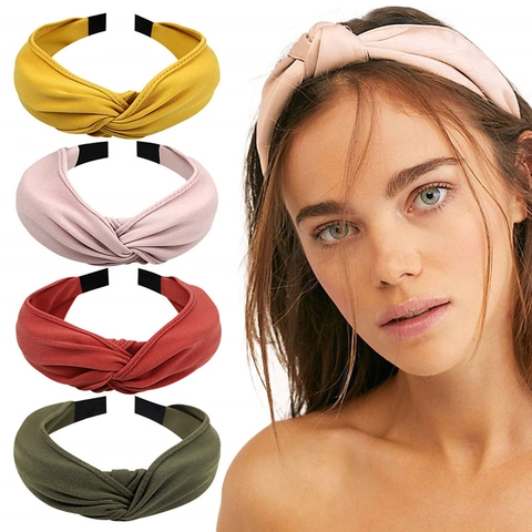 Diadema Anudada De Tela Color Sólido Banda Ancha Cruzada Para El Cabello Antideslizante Vintage Boho Para Mujer