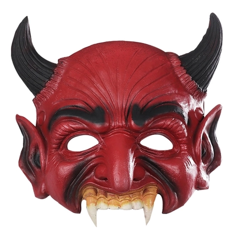 Roter Teufel Satan Maske Mit Schwarzen Hörnern Und Reißzähnen Latex Gruselige Kostüm Requisite Für Halloween Cosplay Party