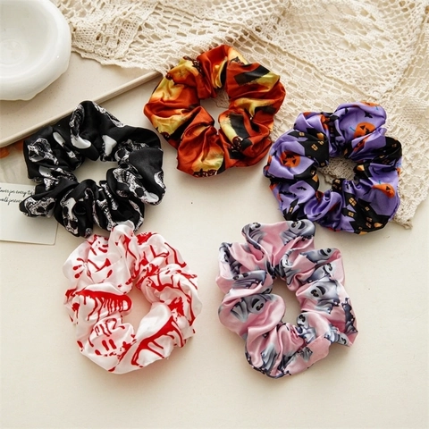 Halloween Scrunchies Satin Stoff Elastische Haargummis Kürbis Totenkopf Geist Muster Party Haarschmuck Für Frauen
