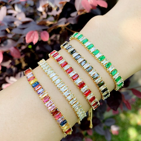 Bracelet De Tennis En Zircone Cubique Taille Baguette Cuivre Plaqué Or 18K Ajustable Coulissant Bolo Pour Femmes Bijoux Tendance