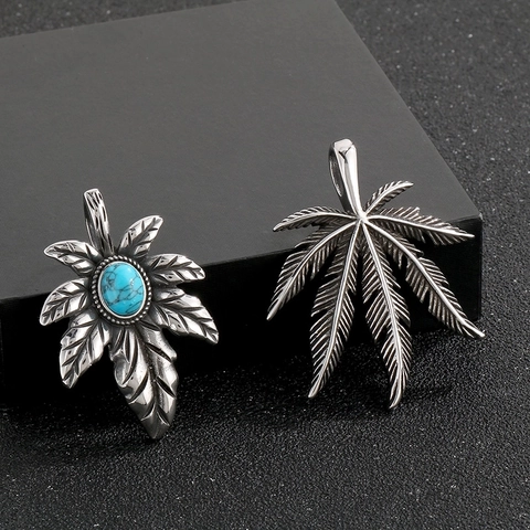 Vintage Blatt Anhänger Halskette Edelstahl Punk Türkis Eingelegt Herren Schmuck Accessoire