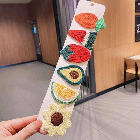 Kids Girls Fruit Handmade Crochet Knit Hair Clips Cute Strawberry Avocado Carrot Hair Pins Accessories Sweet Baby