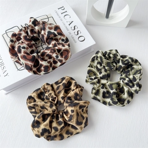Scrunchies Leopard Print Satin Stoff Elastische Haargummis Französisch Retro Vintage Pferdeschwanz Halter Für Frauen Mädchen Haarschmuck