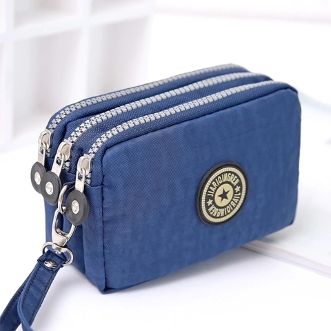 Nylon 3 Zipper Pouch Triple Compartment Coin Purse Phone Bag With Wristlet Waterproof Makeup Organizer Small Handbag