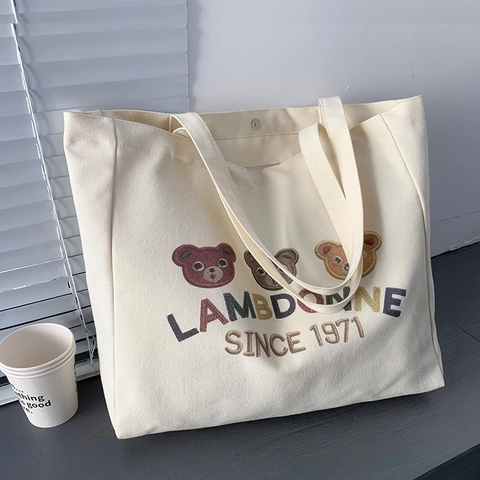Grote Capaciteit Canvas Tote Bag Met Schattig Beer Borduurwerk Magneetsluiting Ritszak Casual Student Schooltas