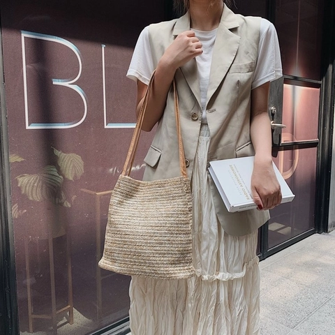 Damen Stroh Gewebte Schultertasche Große Kapazität PU Leder Riemen Sommer Strand Urlaub Minimalistisch Lässig Retro Tote