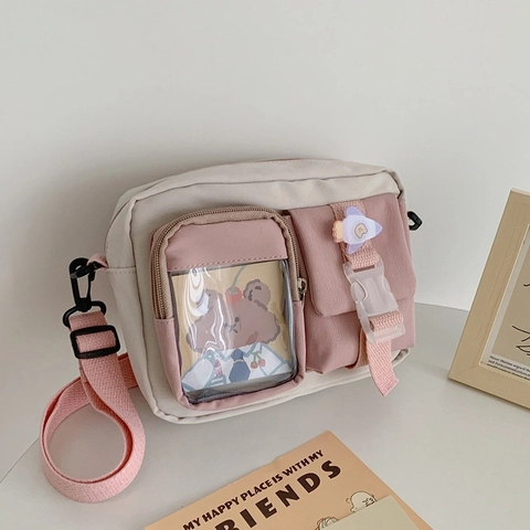 Bolso Bandolera De Lona Color En Contraste Múltiples Bolsillos Bolso De Hombro Estilo Japonés Lindo Bolso De Teléfono Para Niñas