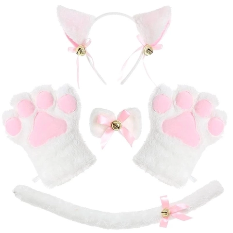 Cerchietto Orecchie Gatto Peluche Guanti Zampa Girocollo Coda Accessori Travestimento Animale Pelliccia Sintetica Per Cosplay