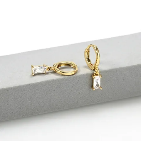 Orecchini a Cerchio Minimalisti in Rame con Pendente in Zirconia Rettangolare Placcati in Oro con Pietra Trasparente per Donna