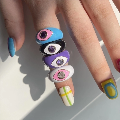 Ins Style Emaille Böser Blick Ring Für Damen Kupfer Vergoldet Strass Geometrischer Fingerring Mode Schmuck Geschenk