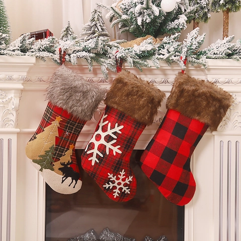 Calze Di Natale Tessuto Scozzese Polsino In Pelliccia Sintetica Renna Fiocco Applique Decorazione Camino