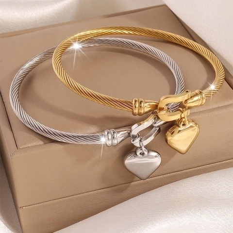 Titanium Stahl Kabel Armreif Mit Herz Anhänger Hufeisen Haken Gedreht Draht Textur Damen Schmuck