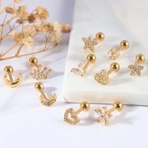 Orecchini Cartilagine Con Zirconia Perno In Acciaio Inossidabile Luna Stella Cuore Forma Piercing A Vite Moda Donna