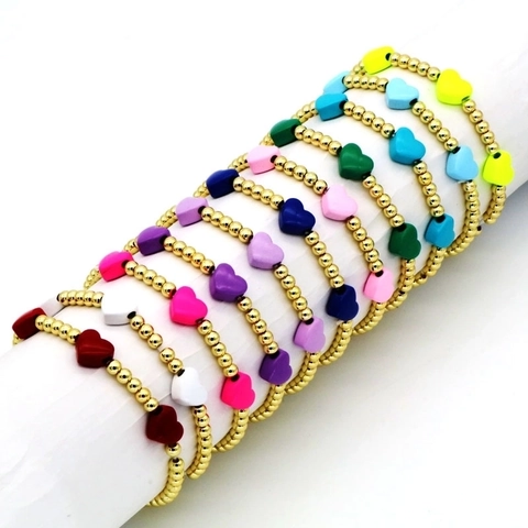 Bracelet À Perles À La Mode Pour Femmes Cuivre Plaqué Or 18 Carats Émail Charmes De Cœur Perles Rondes Bijoux