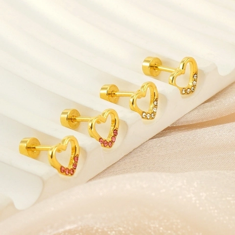 Orecchini A Lobo A Cuore Placcati Oro 18K Acciaio Inossidabile Strass Cavo Chiusura A Vite Retro Piatto Per Donne