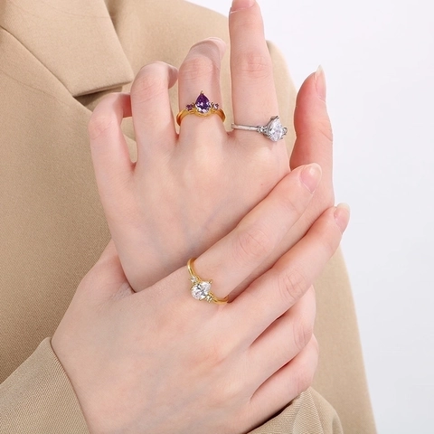Edelstahl Tropfenform Strass Ring Für Damen Birnenschliff Lila Weiß Stein Eingelegt Geometrischer Modeschmuck Ring Geschenk