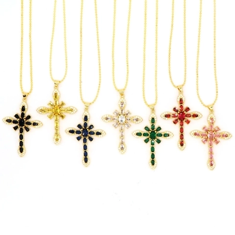 Collana Con Pendente a Croce in Rame Vintage Occidentale Strass Multicolore Galvanica Catena a Sfere Gioielli per Donna