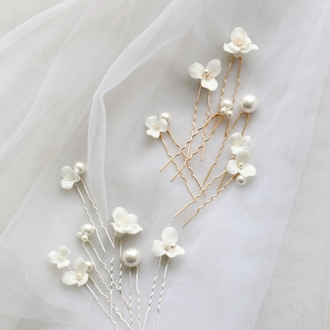Ceramic Flower Artificial Pearl Bridal Hair Pins And Earrings Elegant Wedding Headpiece For Women Hair Accessories