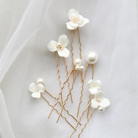 Ceramic Flower Artificial Pearl Bridal Hair Pins And Earrings Elegant Wedding Headpiece For Women Hair Accessories