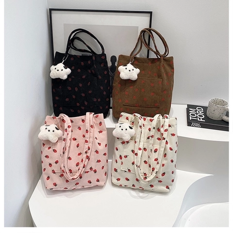 Erdbeer-Print Cord-Einkaufstasche Für Frauen Lässige Umweltfreundliche Schultertasche Mit Außentasche Magnetverschluss