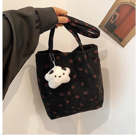 Erdbeer-Print Cord-Einkaufstasche Für Frauen Lässige Umweltfreundliche Schultertasche Mit Außentasche Magnetverschluss
