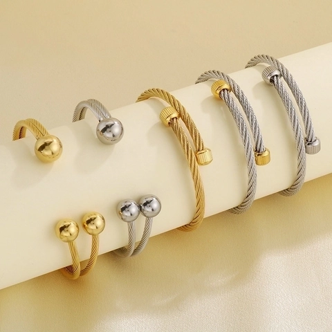 Twisted Cable Open Bangle Bracelet Stainless Steel Adjustable Punk Hip Hop Screw End Caps Jewelry For Men Women