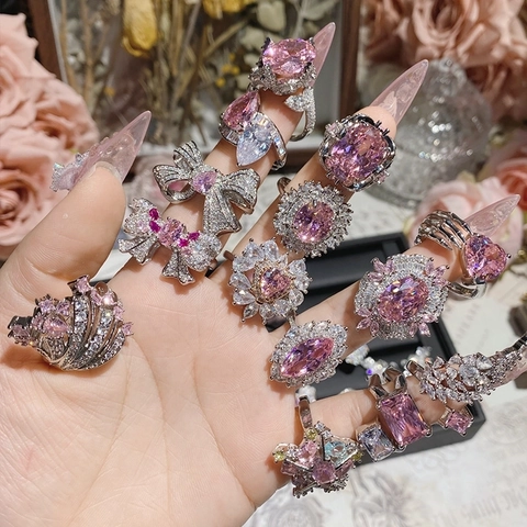Luxury Pink Heart Bow Knot Copper Ring For Women Sparkling Inlaid Rhinestone Elegant Floral Butterfly Fashion Jewelry Romantic Adjust Open Ring