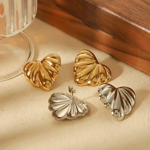 Orecchini A Lobo A Cuore Increspati Trama A Conchiglia Design A Righe Acciaio Inossidabile Placcato Oro Gioielli Donna