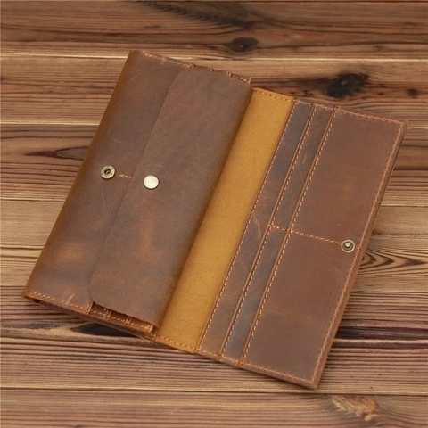 Retro Crazy Horse Genuine Leather Long Wallet Men Vintage Cowhide Clutch Bag Handcrafted Style Multiple Card Slots